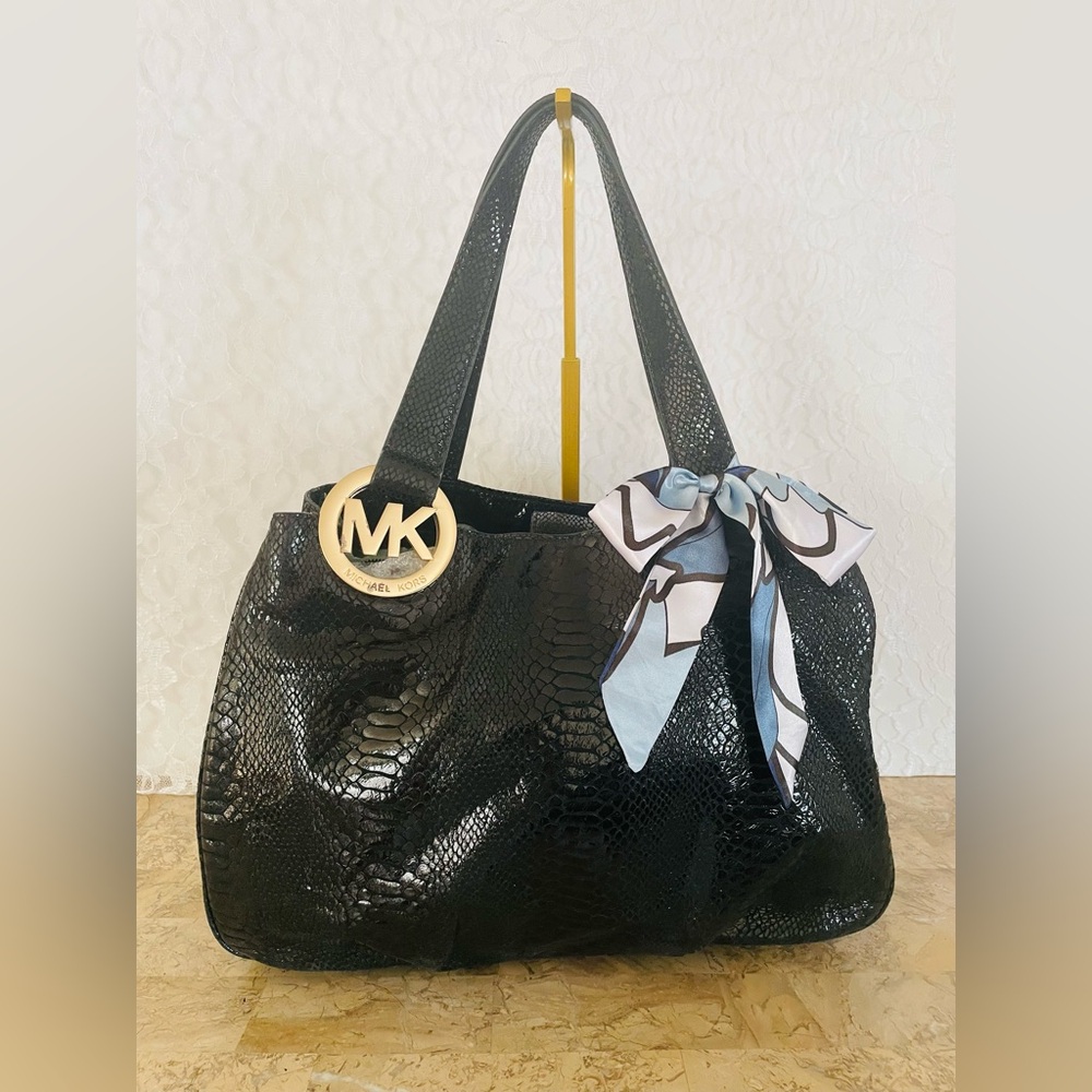 Michael Kors Black Snake Print sequin Shoulder Bag with Gold Accent